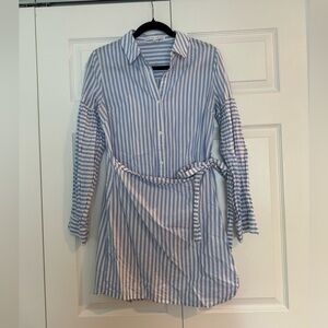 English Factory blue and white striped shirt dress